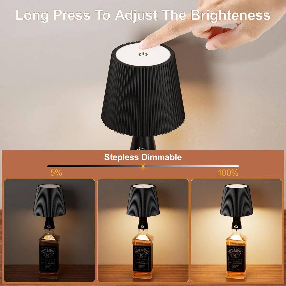 Lampada per Bottiglia LED Ricaricabile - 5200mAh Lampada da Tavolo Senza Fili Dimmerabile 3 Colori - IP54 Impermeabile Comando a Tocco per Interno Esterno Famiglia Ristorante Bar (Nero)