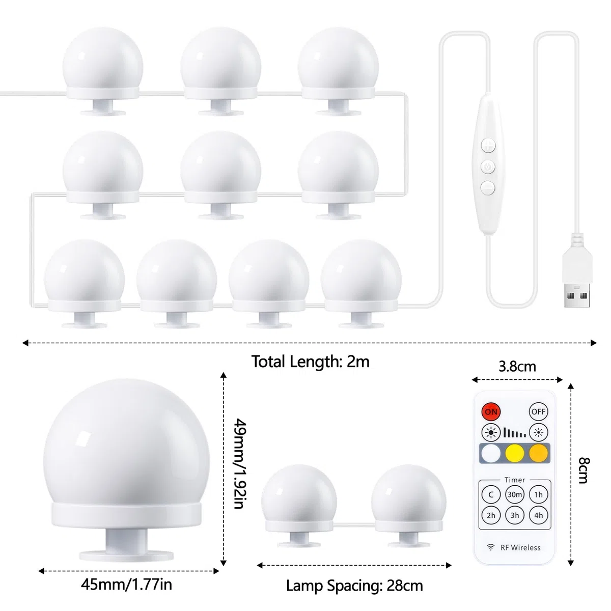 Luci per Specchio da Trucco,10 Lampadine Dimmerabili Luce Specchio Bagno Hollywood per Trucco con Controllo remoto RF Cavo USB Regolabile, 3 Colori e 10 Intensità Kit Luci LED Specchio Camera da Letto