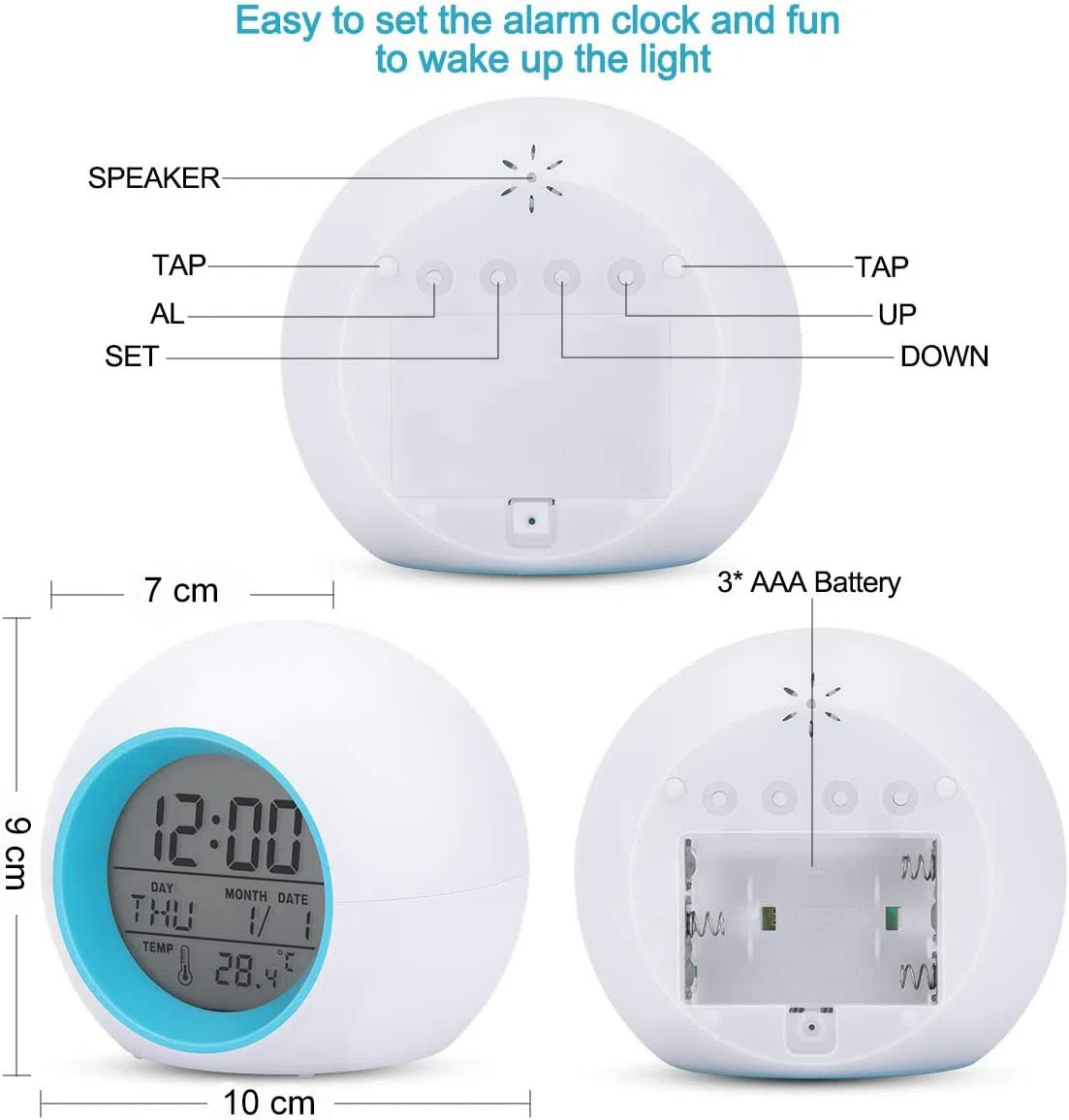 Kids Alarm Clock, sveglia per bambini, 7 colori che cambiano la luce per ragazzi e ragazze, funzione snooze, 8 suonerie, 12/24 ore, controllo one-tap, visualizzazione della temperatura interna