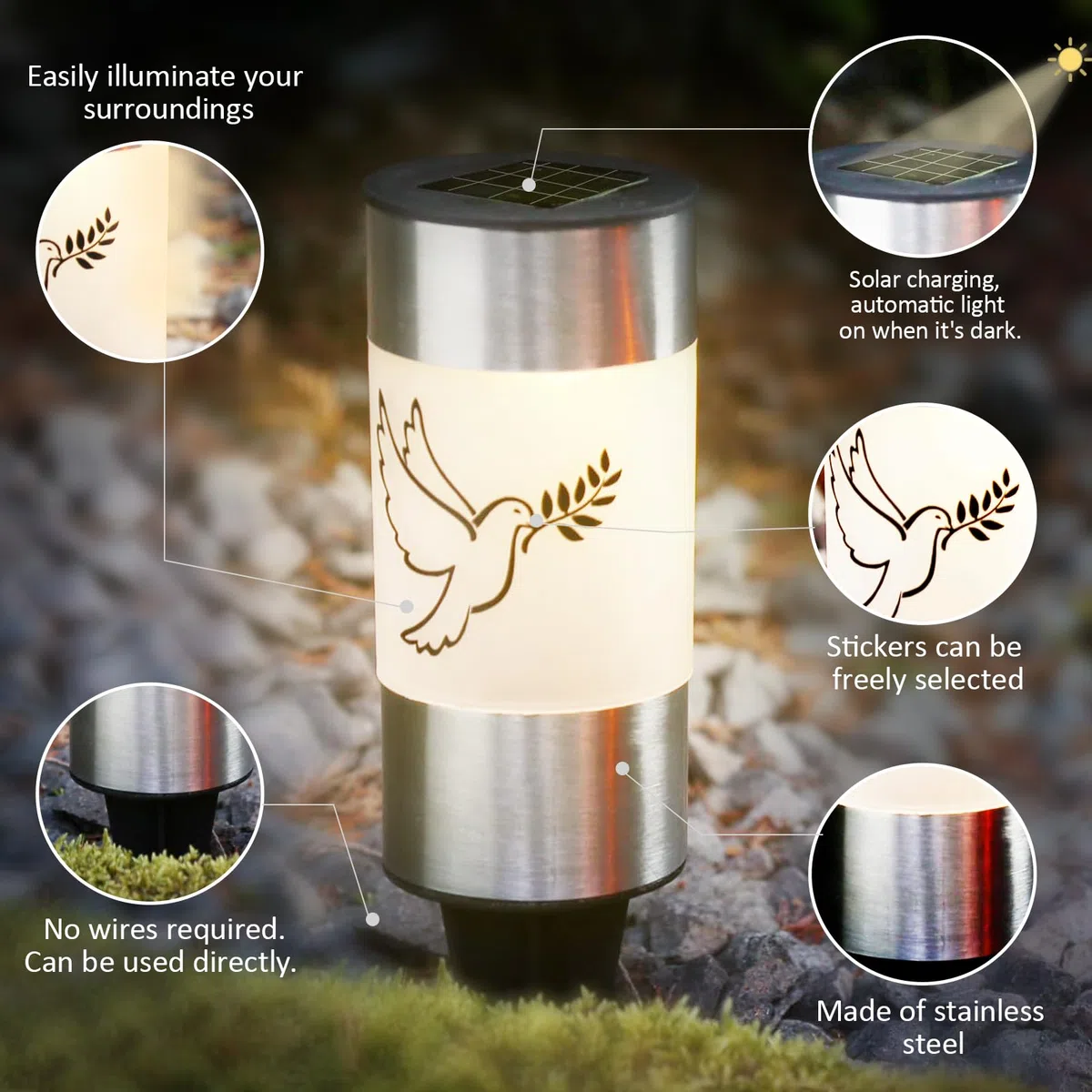 TaimeiMao 2 pezzi LED luce solare per tomba colomba luci per tomba per esterni, con picchetto da terra luce tombale candela commemorativa,giardino per esterni lampada solare a tubo LED