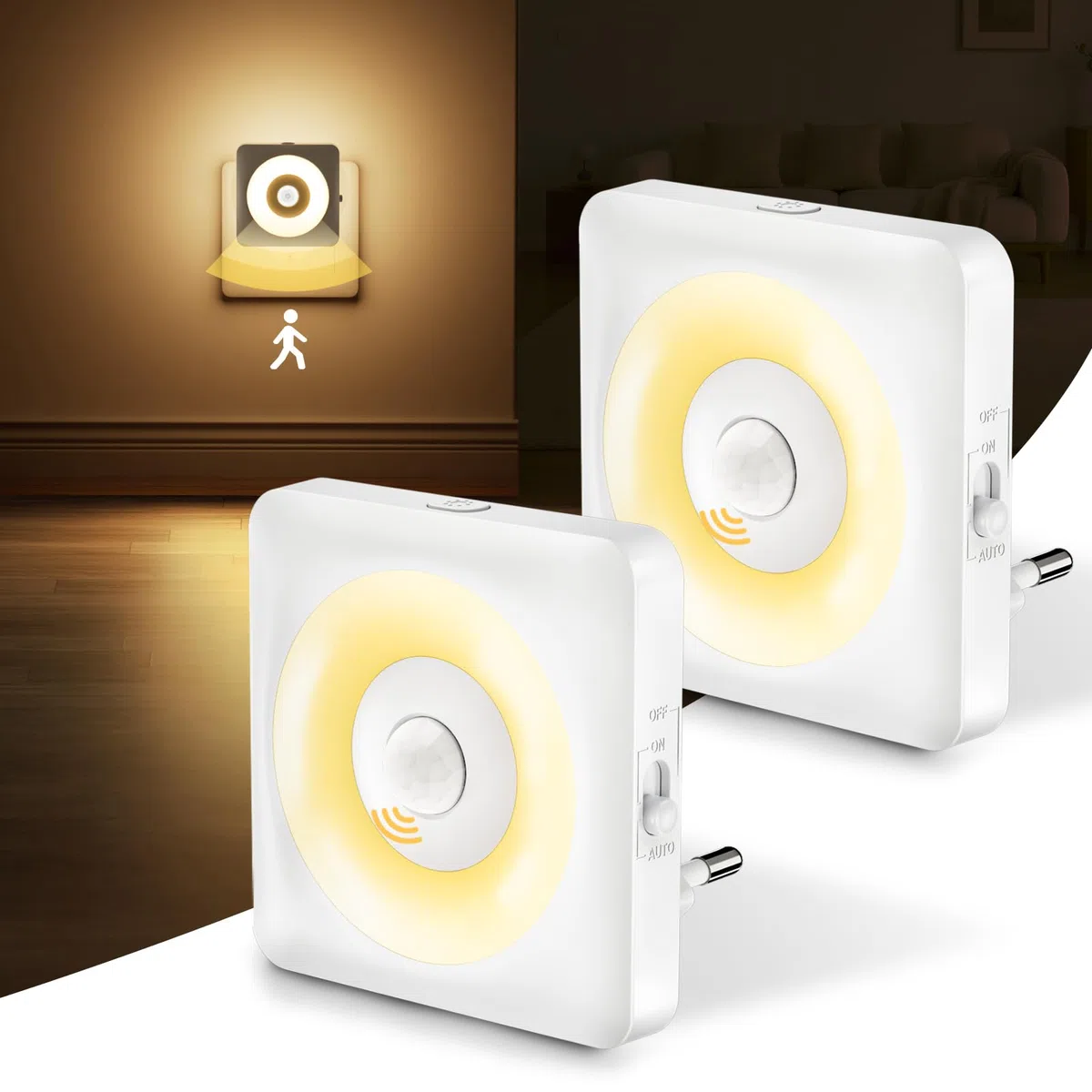 Luce Notturna Bambini da Presa, [2 Pezzi] 2700K Luci Notturne con Sensore Movimento Modalità Sensore o Sempre Accesa Regolabile, Certificata CE per Interni da Letto, Soggiorno e Bagno