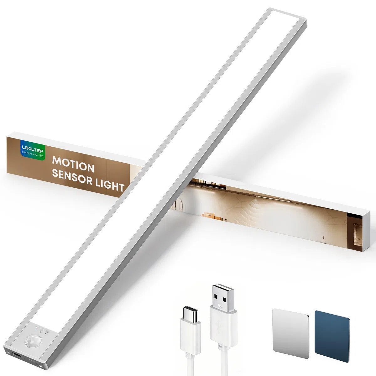 LROLTEF Luce LED Sottopensile Cucina - 40CM Sensore di Movimento per Luce Armadio - 2200mAh Luci Lampada Dimmerabile per Cucina Soggiorno Scale Camere da Letto | 1 Pezzi Argento