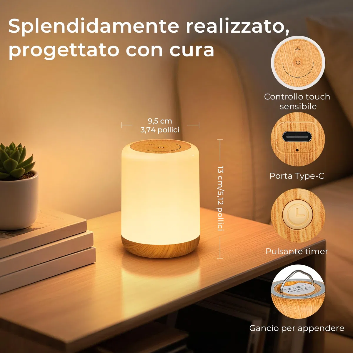VIWAVE Lampada da Comodino LED Touch, Abat Jour da Comodino con 256 Colore RGB e 3 Modalità, Luce Notturna Bambini con Timer e Memoria, Lampada da Tavolo Ricaricabile Senza Fili per Camera da Letto