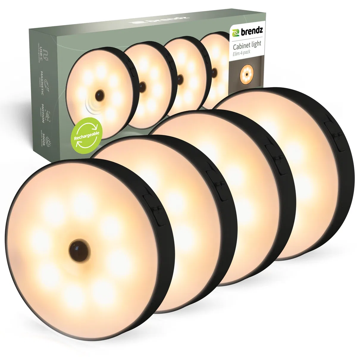 Brendz Luce Armadio LED con Sensore Rotonda, Luce Armadio, Ricaricabile USB-C, Magnetica, 4 pezzi, Bianco Caldo 3000K, Luci LED per Armadio Senza Fili, nero