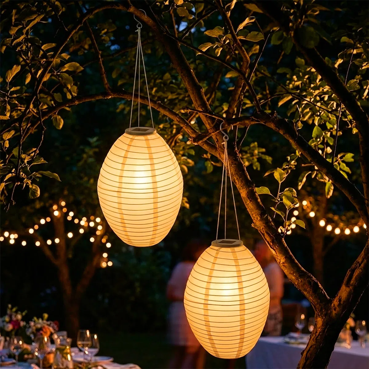 Lanterna solare a LED, ovale, 33 x 22 cm, in nylon, set da 2 pezzi, illuminazione decorativa da giardino, luce bianca calda, luce solare, luce decorativa, per esterni, resistente alle intemperie