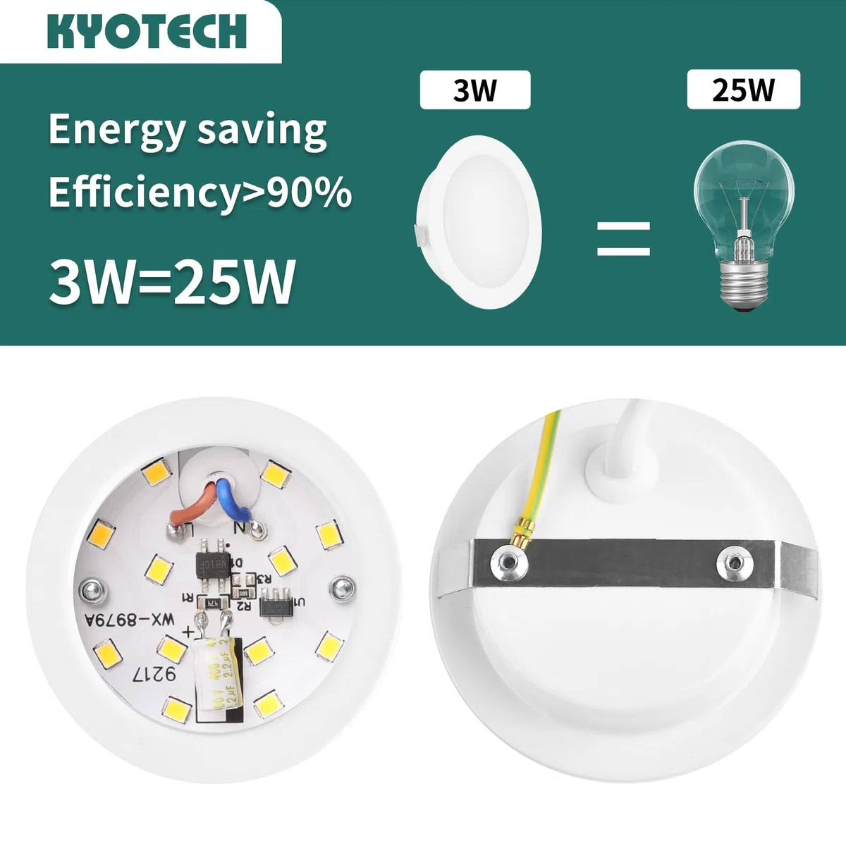 KYOTECH Faretto da incasso a LED, 230 V, dimmerabile, 3 W, 3000 K, luce bianca calda, ultra piatto, 300 lm, foro 55-58 mm e 15 mm, IP44, faretto da incasso per armadio a specchio, bianco, set da 3