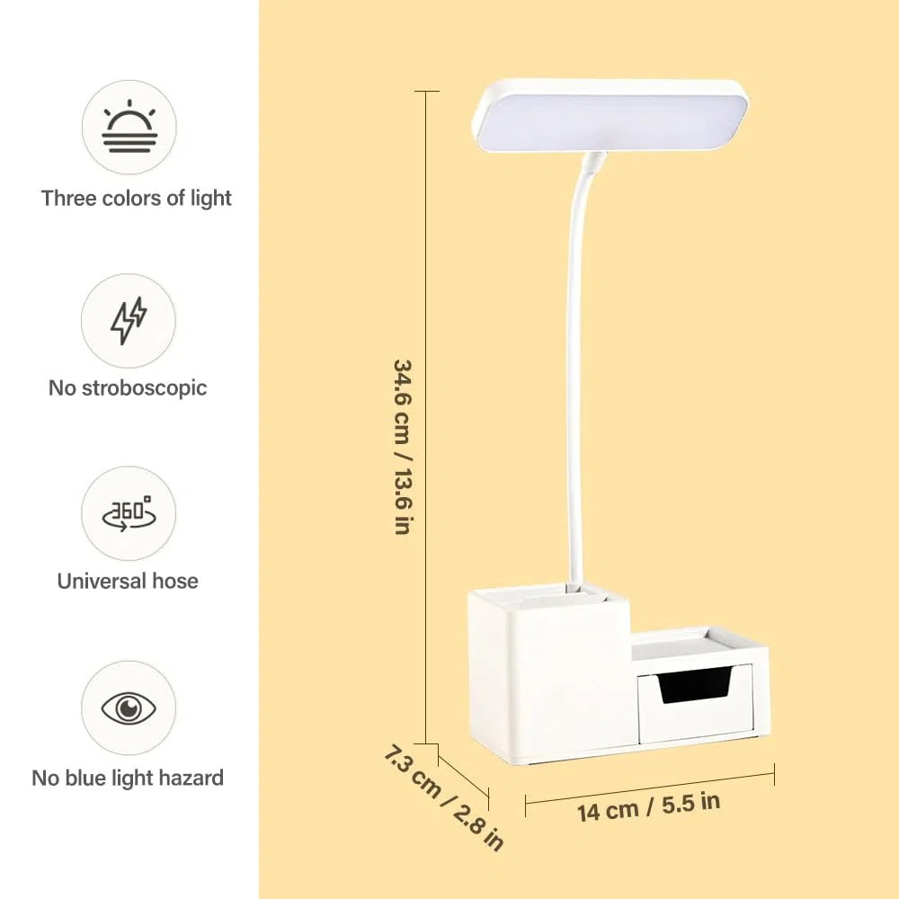 Lampada da Scrivania a LED Bambina, Lampada da Tavolo Ricaricabile USB, Luce da Lettura con Interruttore Touch e Portapenne per Studiare e Leggere, 3 Modalità di Illuminazione e 3 Luminosità