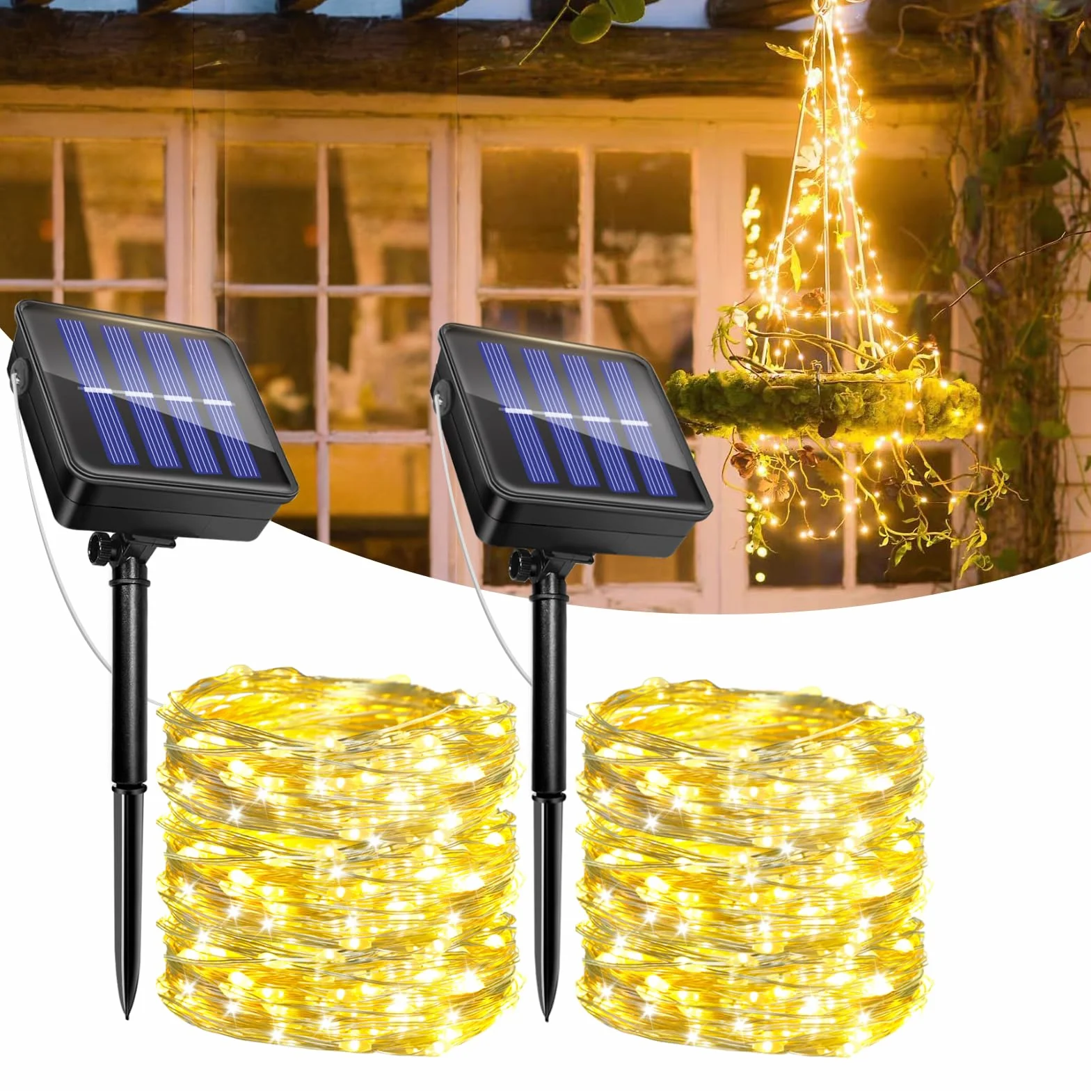 2 Pezzi Luci Solari Esterno, 12M+2M 120LED Catena Luminosa Esterno Solare, 8 Modalità, IP65 Impermeabile Filo di Rame, Decorazione per Giardino, Cortile, Patio, Albero, Natale(Bianco Caldo)