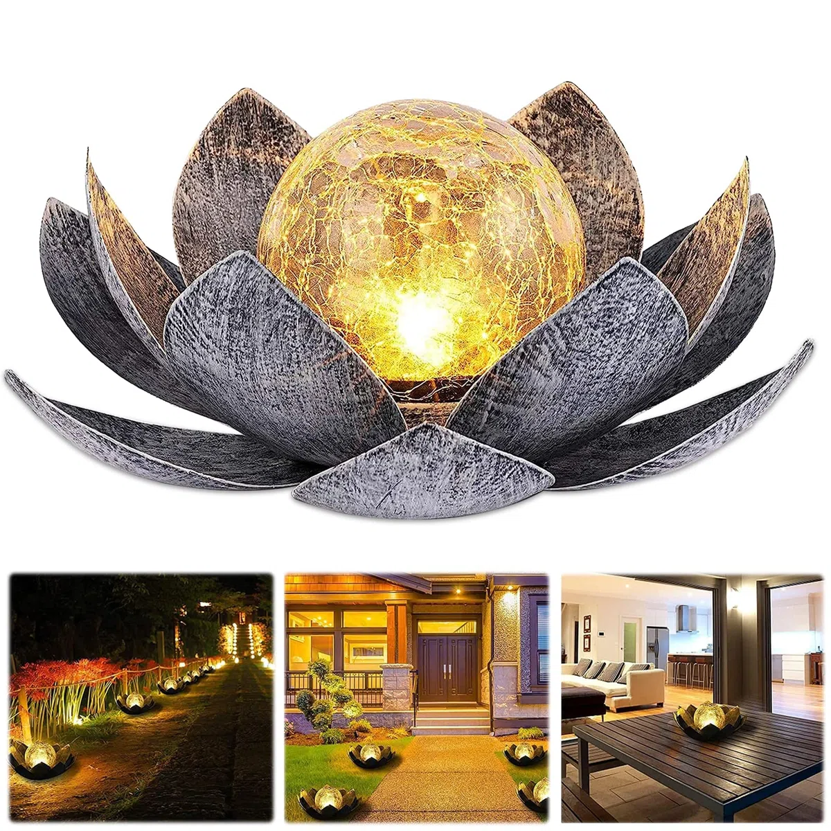 Lanterna Solare per Esterno, Lanterna Solare Fiori di Loto con Effetti Luminosi Bianco Caldo, IP44 Impermeabile Luci Solari da Giardino per Patio, Cortile, Prato, Balcone