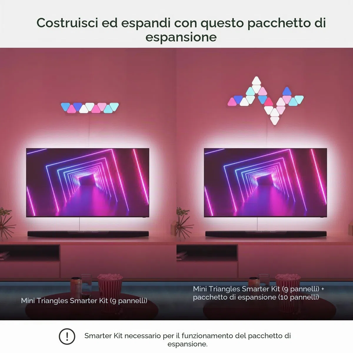 Nanoleaf Shapes Mini Triangle Expansion Pack, 10 Mini Triangoli LED Aggiuntivi RGBW - Applique da Parete Interno Modulari, Luci Led 16M Colori WiFi, Funziona con Alexa, Sincronia Musica e Monitor