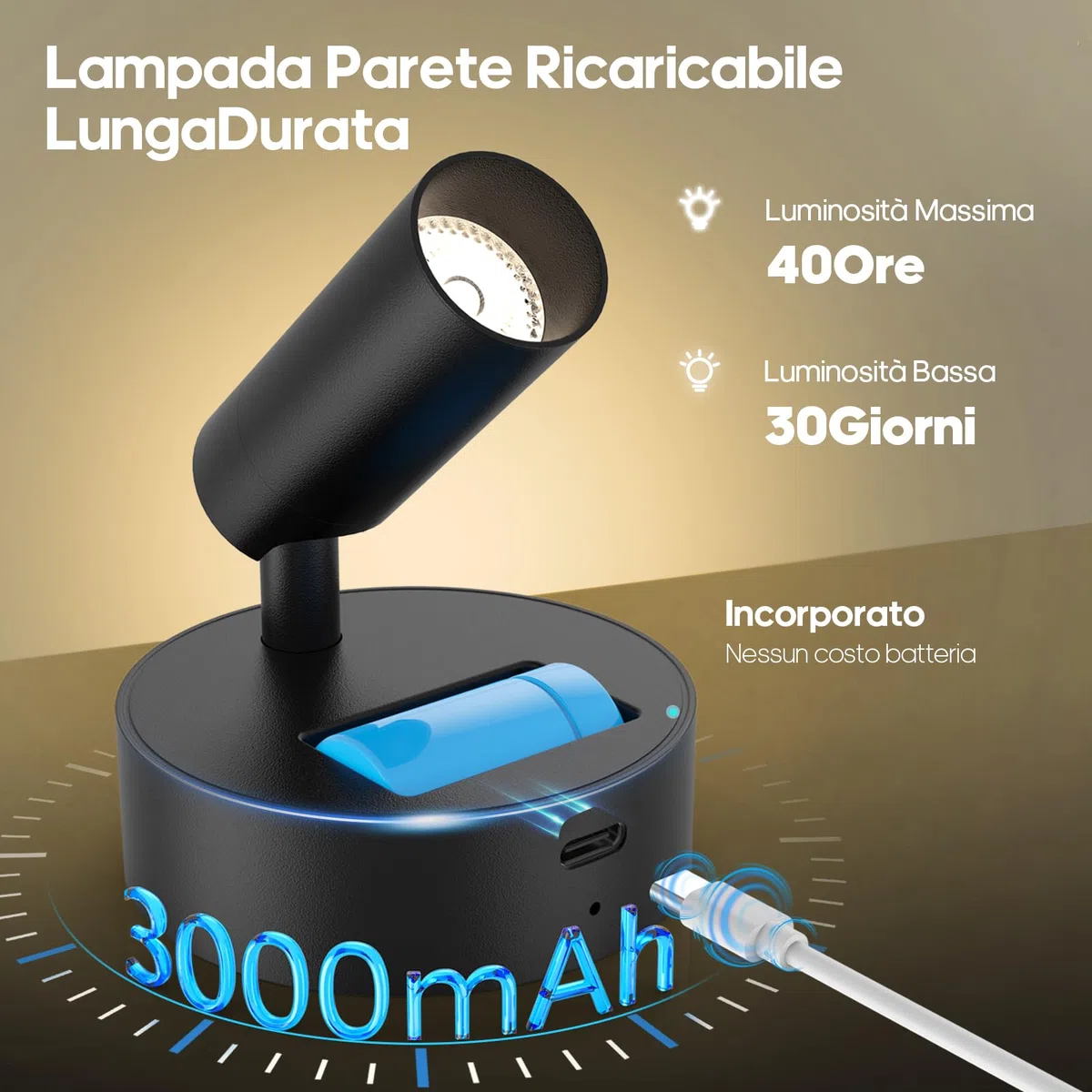 GOODEA Faretto a Batteria Interna 3000mAh,Lampada da Parete Senza Fili Ricaricabile,3 Colori Regolabili, Telecomando con Timer, Nero | Illuminazione per Quadri e Piante