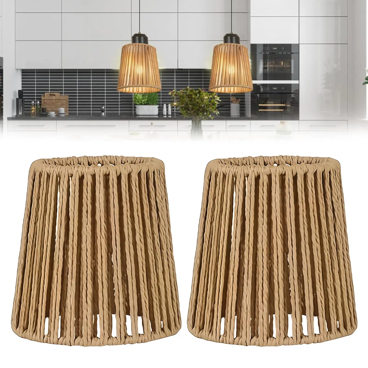 2 pezzi paralumi in rattan, stile boho, diametro 14,5 cm, altezza 14 cm, per lampada a sospensione, lampada da tavolo, lampada da terra, lampada da soffitto, lampada a specchio, paralume di ricambio