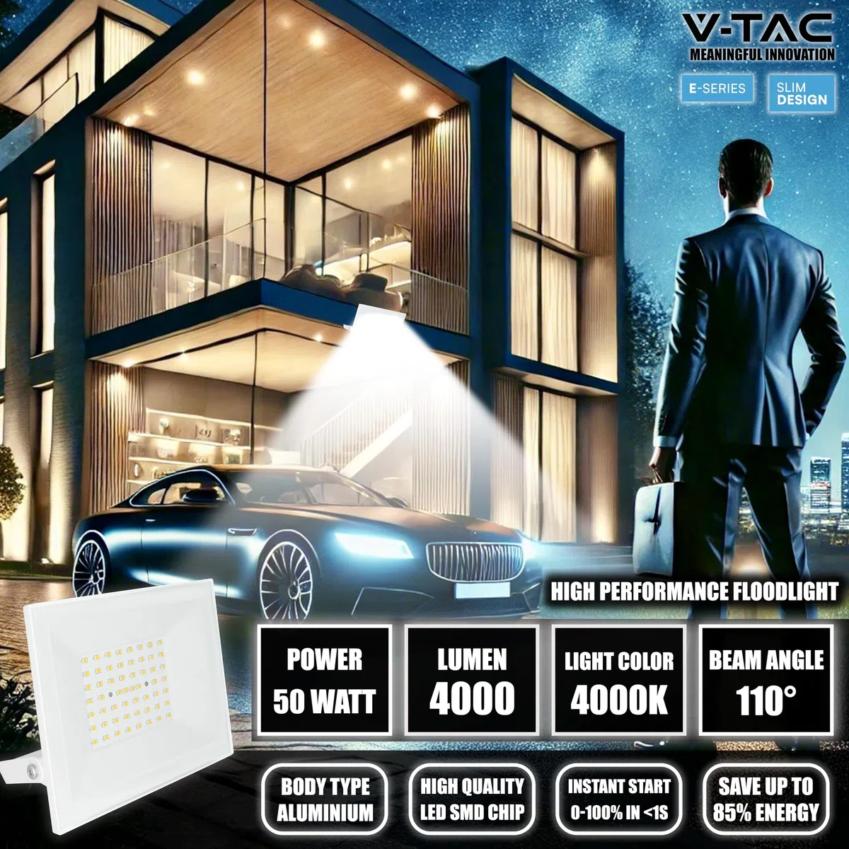 V-TAC Faro LED da Esterno 50W Bianco - [ E-Series - Alte Perfomance, Bassi Consumi ] - 4000 Lumen - Super Slim Design - IP65 - Proiettore Casa, Garage, Magazzino - Impermeabile - Luce Naturale 4000K