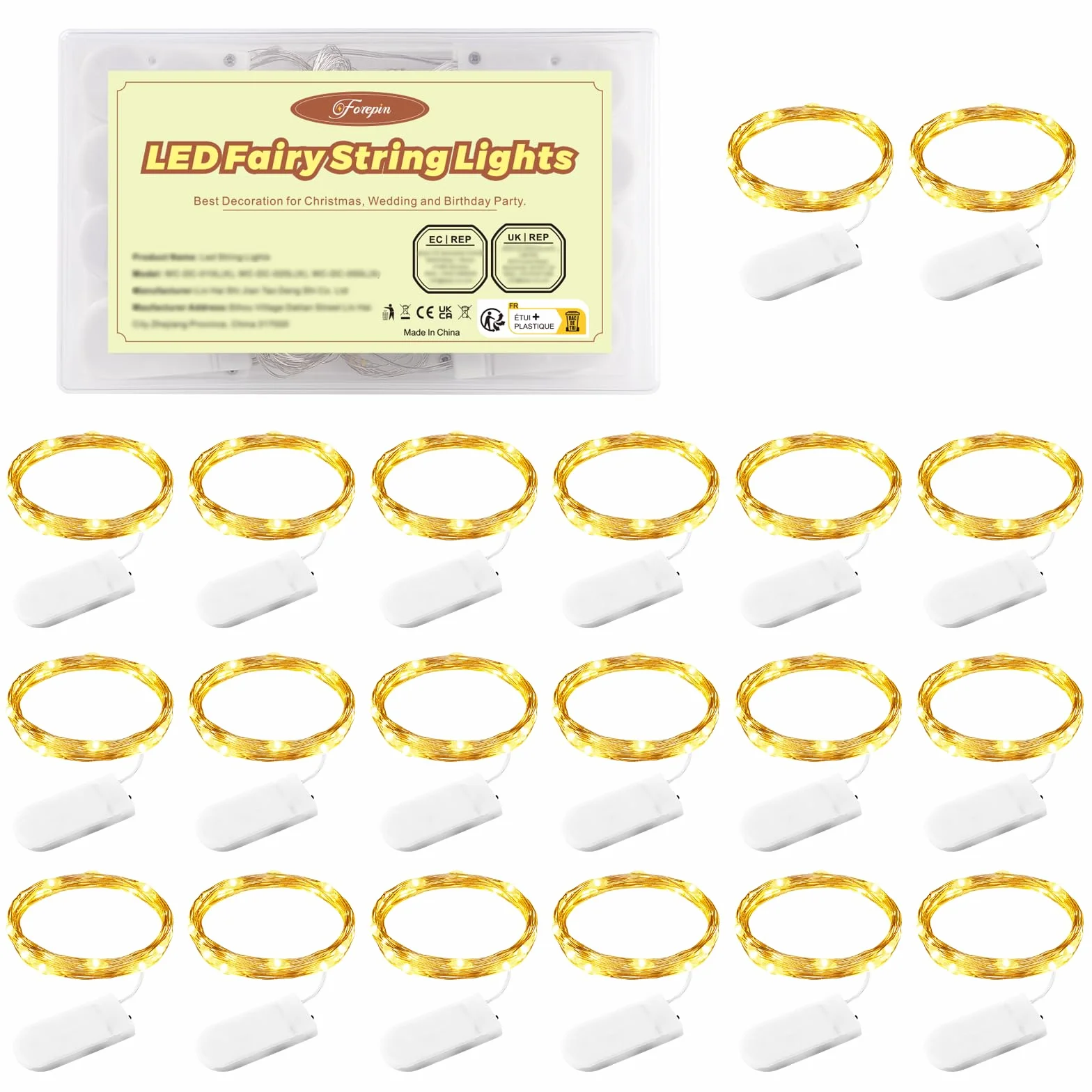 Luci LED a Batteria, 20 Pezzi Luci Stringa 1M Filo di Rame con 10 LEDs Catena Luminosa Natale per Esterni e Interni, Casa, Feste, Matrimonio, Bianco Caldo