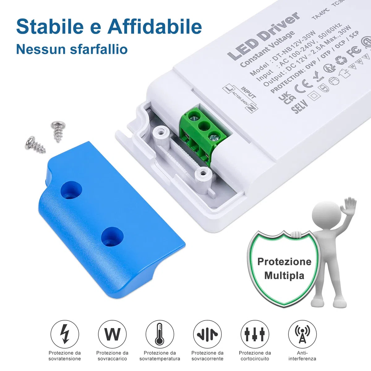 Trasformatore LED 12V, 30W Alimentatore LED AC 220V a 12 Volt DC 2.5A Tensione Costanten Driver, Ultra Sottile Stabilizzato Bassa Tensione per Striscia LED e Faretti Lampadine LED