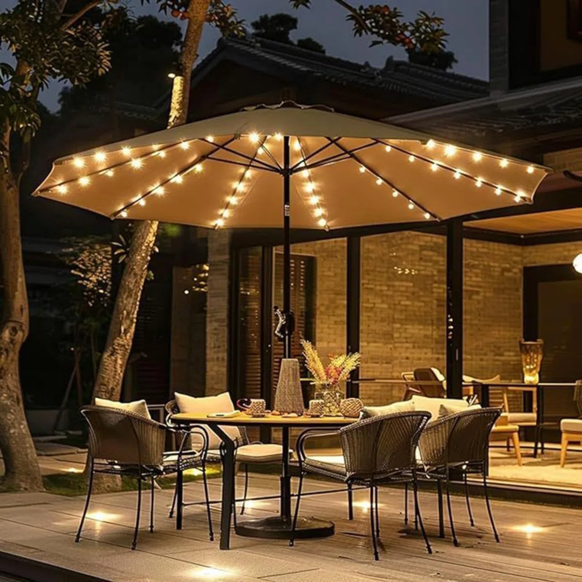 Luci solari a LED per ombrellone, da giardino, patio, ombrello, 6 modalità, 104 LED, striscia luminosa per ombrellone da giardino, tenda da campeggio (bianco caldo)