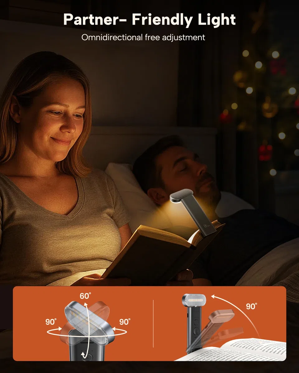 86lux Book Light, Reading Light for Book in Bed, USB Rechargeable LED Night Light with 3 Colors & Limitless Dimming, Aluminum Alloy Bookmark Light for Book Lovers, Christmas Gift, Black