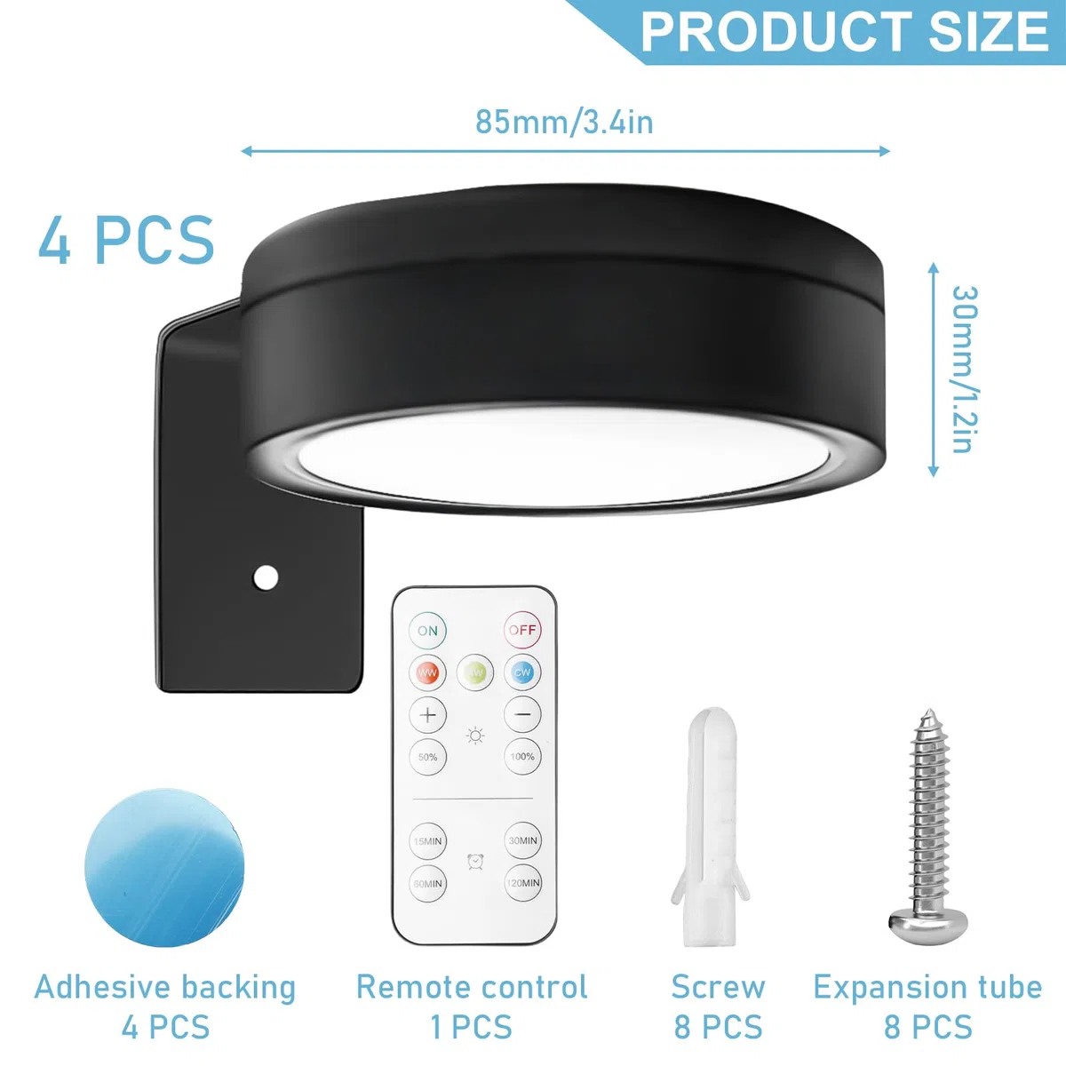 4 pezzi di lampada da parete magnetica senza fili con telecomando, illuminazione vetrina dimmerabile, 3 modalità di colore, LED, batteria, per soggiorno, camera da letto, scala