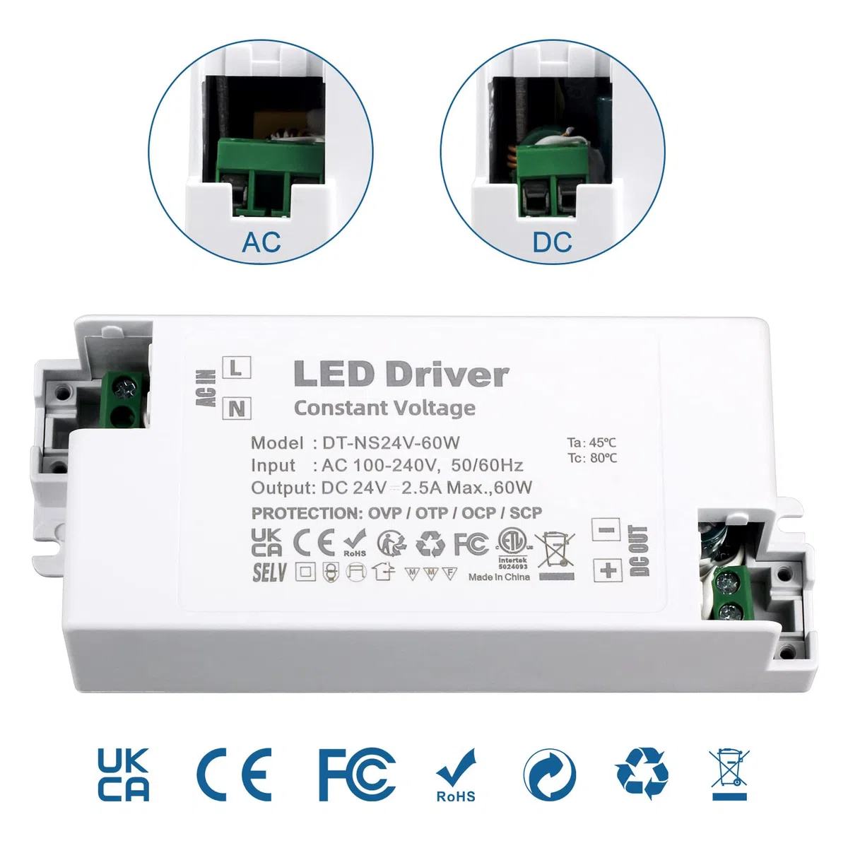 Trasformatore LED 24V 60W, 220 24V DC 2.5A Alimentatore, Bassa Tensione Costante Driver per Strisce, Luci per Armadi e G4, MR11, MR16 Lampadina (Confezione da 1)