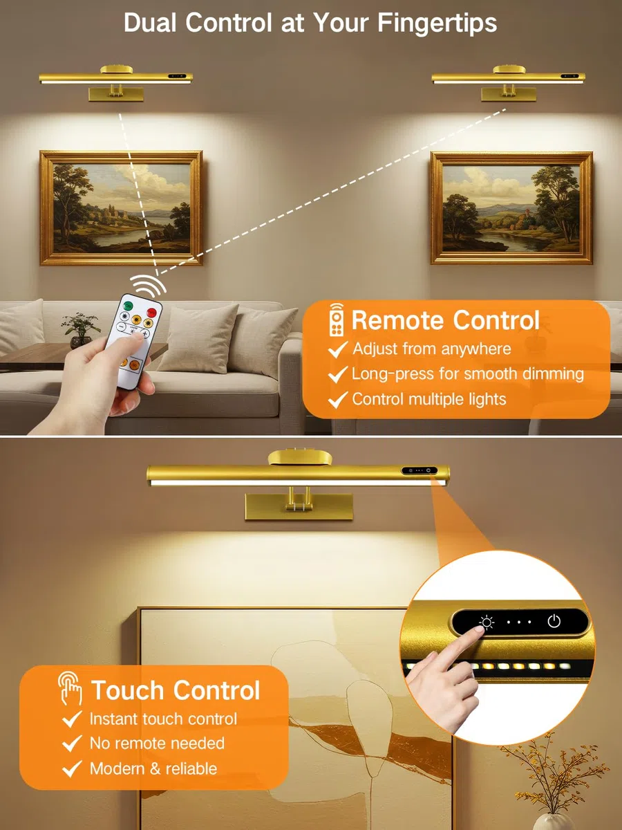 OUTON 40cm Luce LED per Specchio Senza Fili con Telecomando & Touch, Batteria Ricaricabile, Dimmerabile 3-Colore, 4000mAh USB-C, Lampada da Parete per Illuminazione Artistica, Specchio e Armadio – Oro