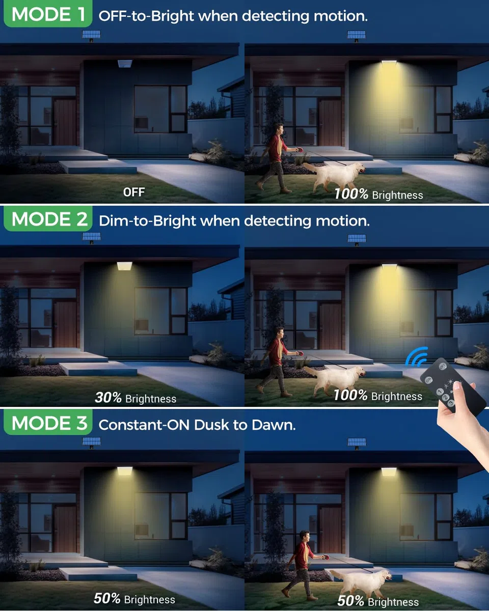 LOTMOS 342 LED Faretti Solari a Led da Esterno, Luce Solare con Sensore di Movimento Impermeabile IP65, 3 Modalità Faretto Led da Esterno Solare con Telecomando per Giardino, Bianco Caldo