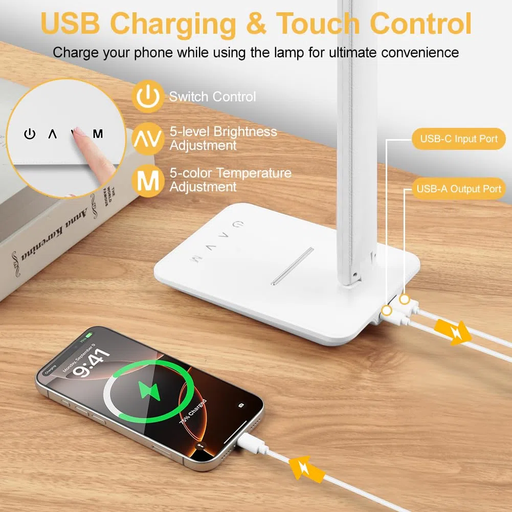 Lampada da scrivania, Lampada da Tavolo, Lampadas da lettura con porta USB, 5 Colori e 5 Livelli di Luminosità,Timer e Tocca Controllo,Lampadas da comodino pieghevole per lettura,lavoro,Ufficio