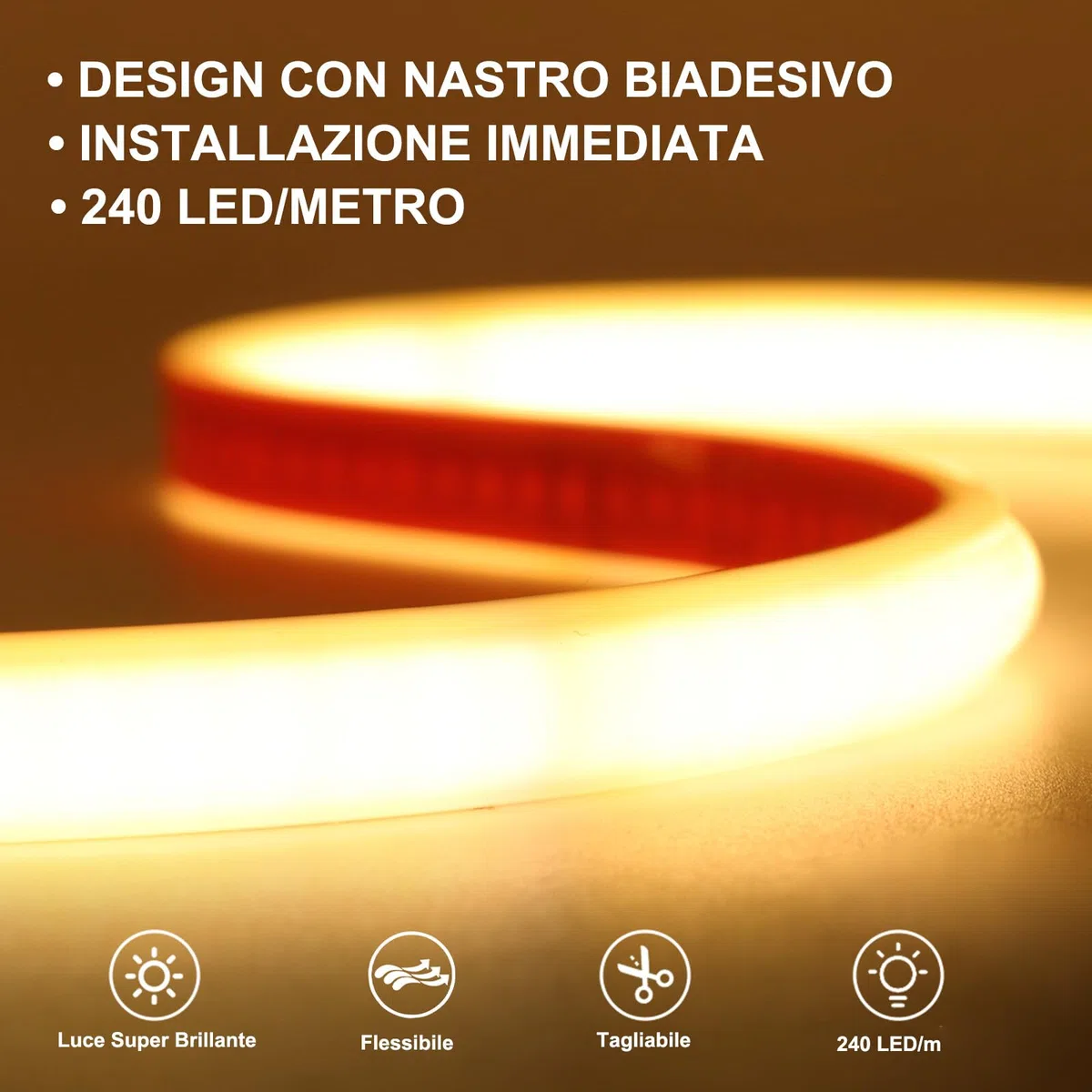 XUNATA Tira de LED COB 220V con Cinta Adhesiva, Alto Brillo 240 LED/m, IP65 Impermeable, Corte de 10cm, Luz de Cuerda Flexible con Alimentación (Blanco Cálido, 2m)