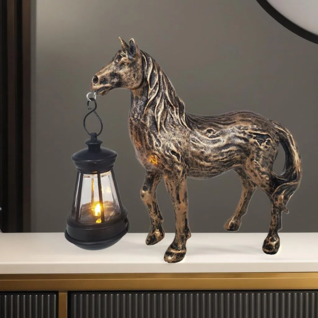 Solare antico bronzo lanterna del cavallo, decorazione giardino resina carino retro cavallo luce animale, tramonto senza fili all'alba luce LED impermeabile.