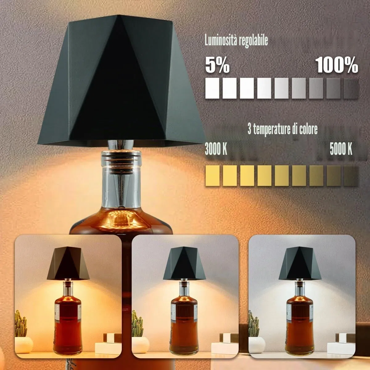 Lampada per Bottiglia Attacco Led Ricaricabile, Lampada per Collo di Bottiglia Batteria USB Senza Fili, luce per bottiglia IP54 Impermeabile per Tavolo, Festa, Hotel