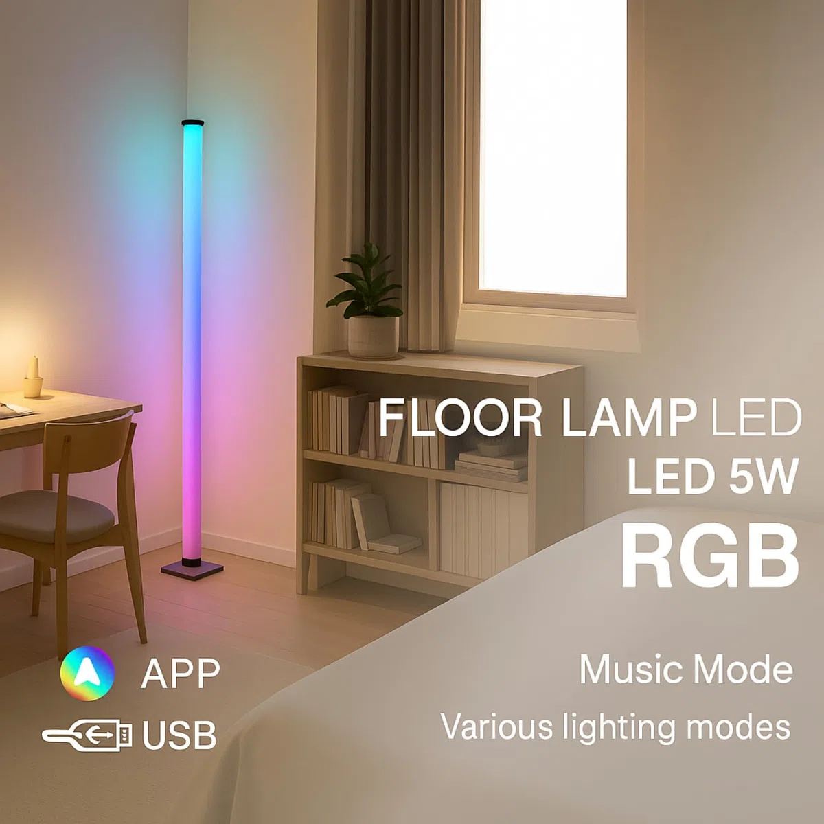 M mimotec - Lampada da terra dimmerabile RGBIC DC 5W, IP44, modalità musica personalizzabile, con cavo USB, telecomando e app inclusi