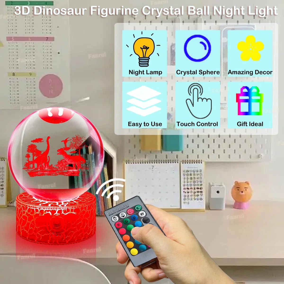 Fanrui Lampada Dinosauro | 3,15” Dinosauro Figurina Sfera di Cristallo | 16 Colori Cambia Lampada da Tavolo | Dinosauro Dimmerabile Telecomando Luce Notturna | Regali di Natale per Bambini Ragazzi