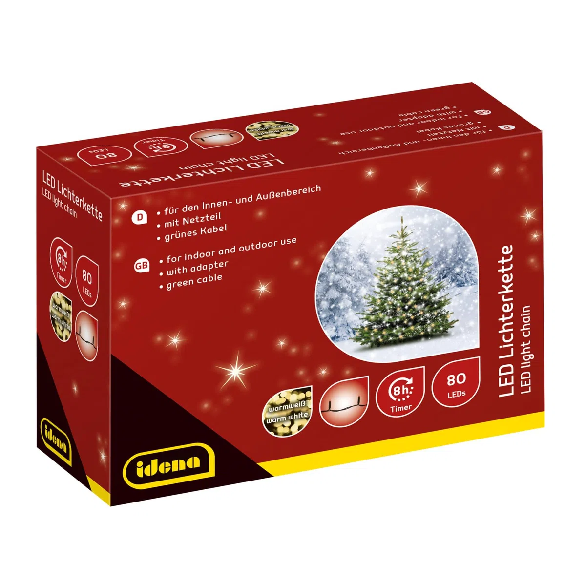 Idena 8325058 - Catena luminosa a LED con 80 LED in bianco caldo, con funzione timer 8 ore e trasformatore, lunga circa 15,9 m, per uso interno ed esterno, per feste, Natale, decorazione, matrimonio