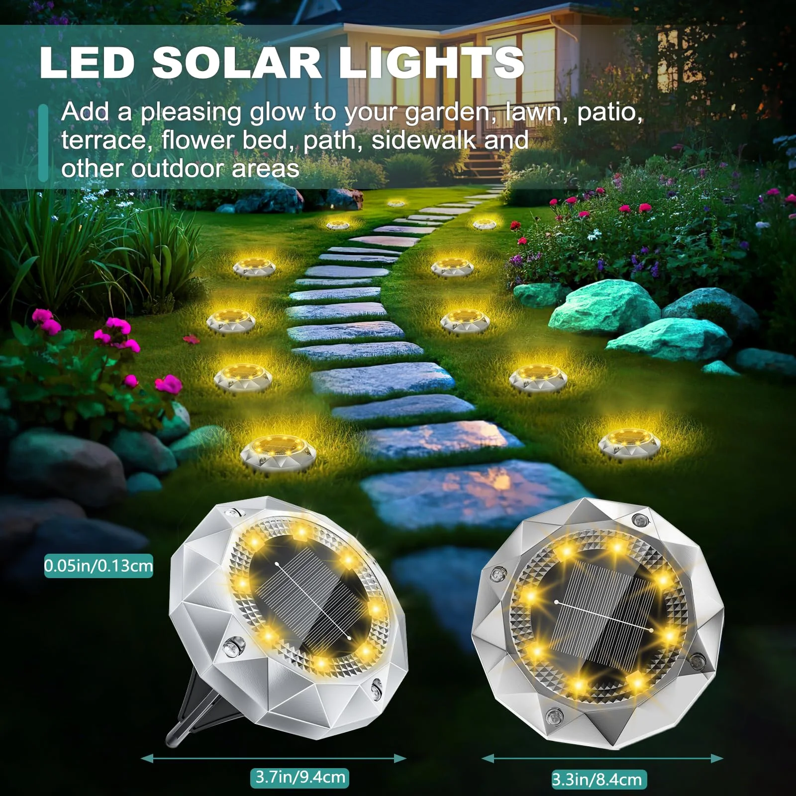10 Pezzi Luci Solari da Giardino, 8 LED Faretti Sepolta Solari a Led da Esterno IP65 Impermeabile, Luci Solare Decorazione Lampade Solare da Terra per Cortile Prato Vialetto Paesaggio,Bianco Caldo