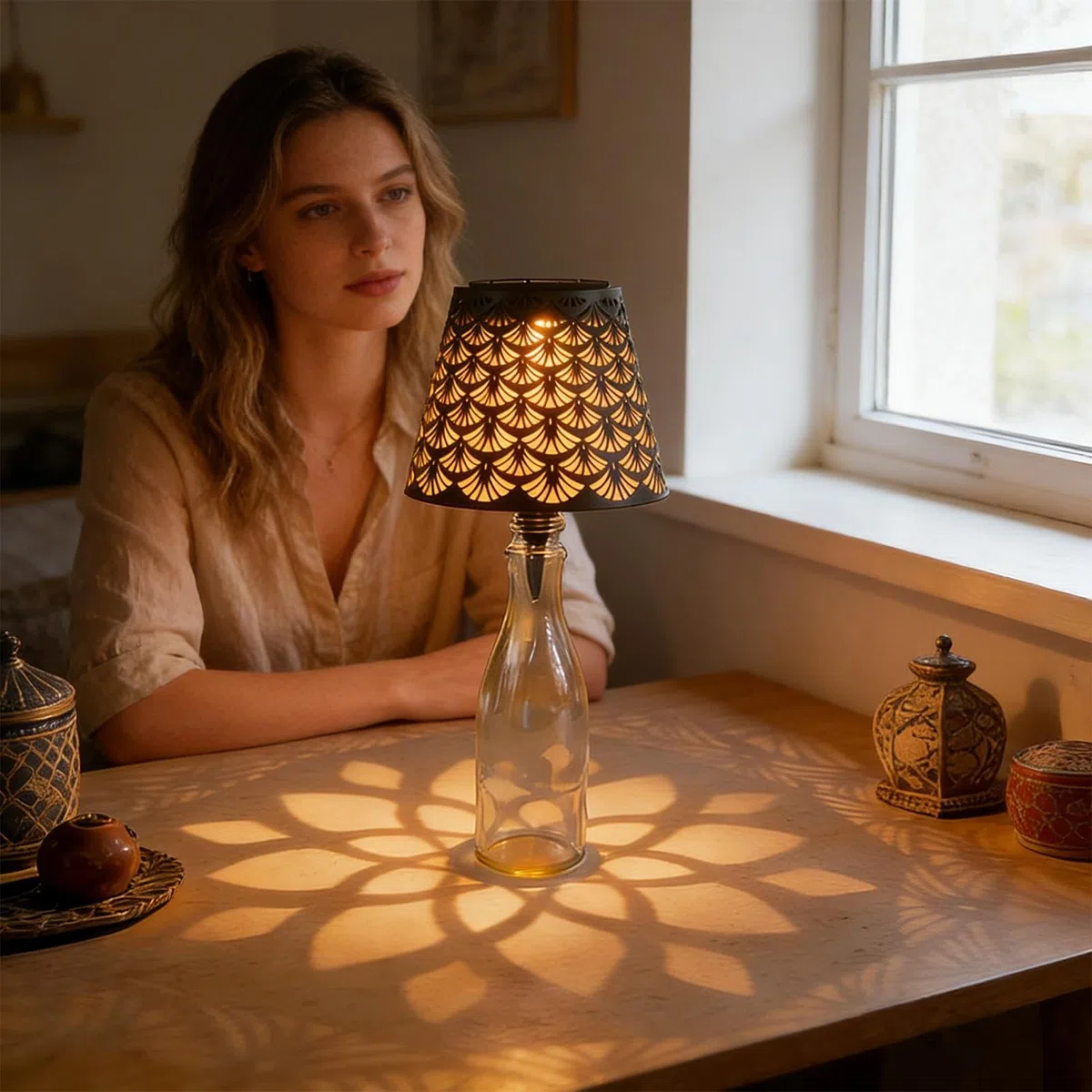 Lampada senza fili – Cordless Lampshade, Whiskey Bottle Top Light, Bottles Stopper Night Light Kit, Solar Powered Hollow Shadow Projection Glow | Bottles Lamp Light's For Party Christmas Table