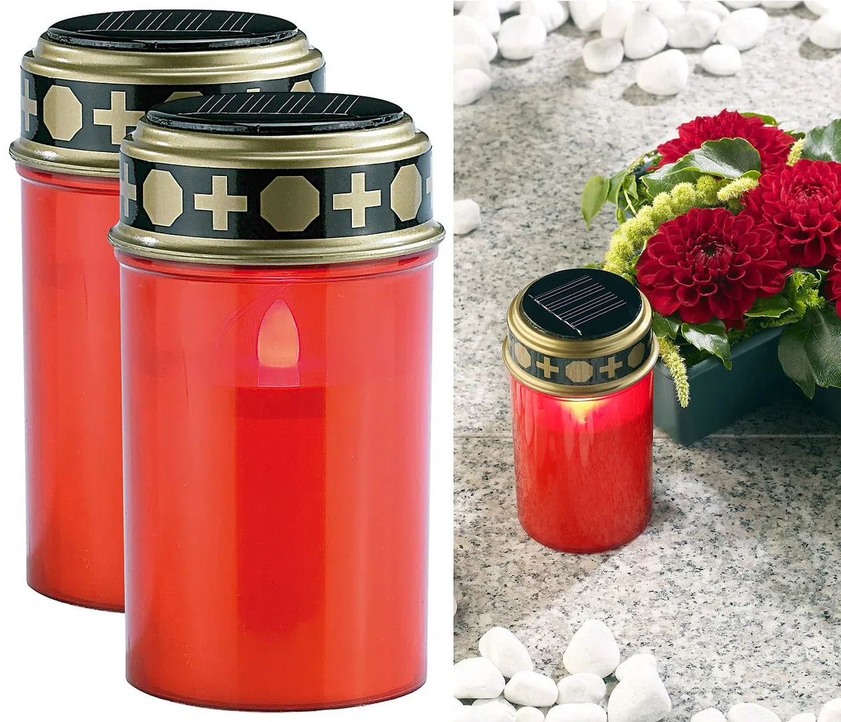 Pearl fari da Lavoro: Set da 2 Pezzi Luci LED solari per cimitero, con Luce Continua, Candlelight-LED, Pannello Solare (Lampada Solare per Tomba, Luce Tomba con Lanterna, Candela)