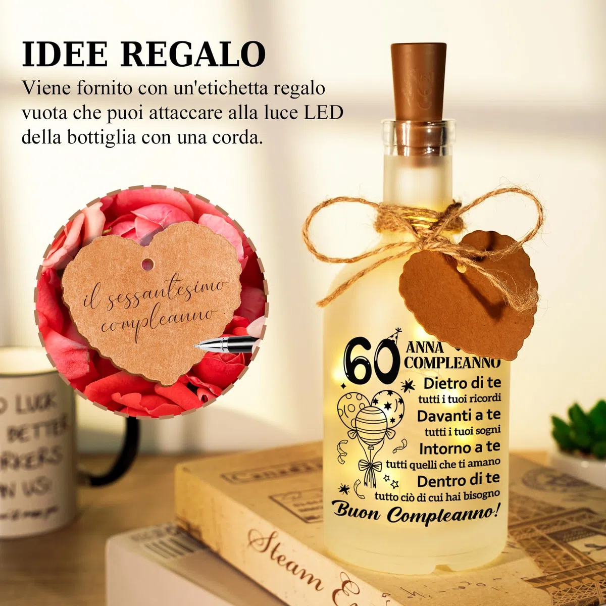 60 Anni Compleanno Donna, Regalo 60 Anni Donna, Luce Notturna in Bottiglia di Vetro, Regalo Natale, Idee Regali Compleanno Nonna, Mama, Moglie, Zie, Amica, Sorella