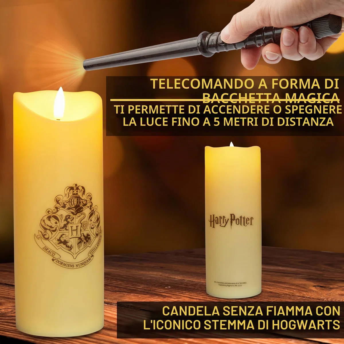 Harry Potter Candele LED con Bacchetta Telecomando, 5m Allineare e Hogwarts Disegno Dello Stemma, Bianco Candela a Batteria Lungo Senza Fiamma
