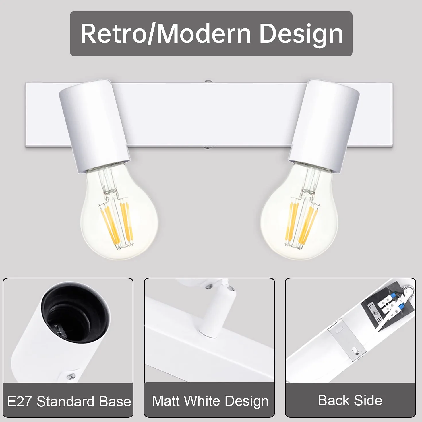 Faretti da Parete Interno Orientabili, Bianco Lampadario Faretti Led Soffitto non Inclusa Lampadina E27, Luci da Soffitto e27 per Soggiorno, Corridoio, Entrata o Scale, Max Non più di 60W