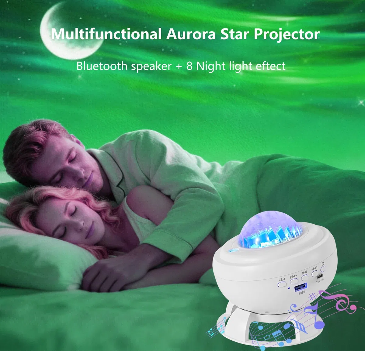 proiettore Stelle Soffitto, Lampada a LED con Lettore Musicale Bluetooth e 8 Animazioni Realistiche Della luce Nordica, Proiettore a Stelle per Bambini/adulti, Camera da Letto, Regalo di Compleanno