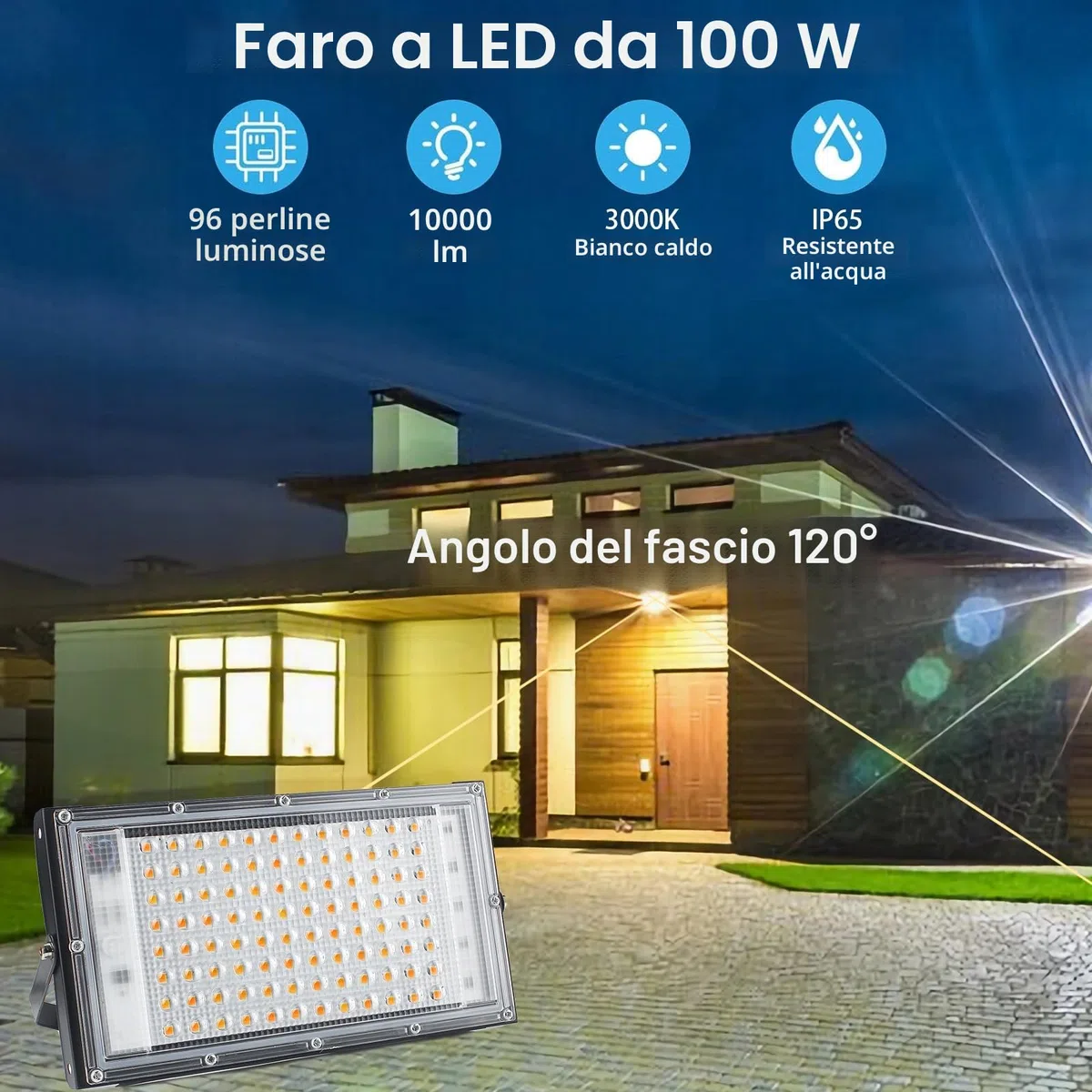 CREATESTAR 100W Faretto LED da Esterno, Faro LED da Esterno 10000Lm Super Luminosa, 3000K Bianco Caldo Faretti led, IP65 Impermeabile Luce di Sicurezza per Garage, Cortile, Giardino