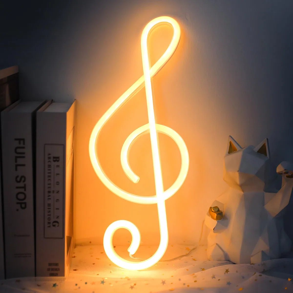 ENUOLI Lampada al neon a LED a forma di nota musicale a batterie/USB, lampada da parete al neon per la cameretta dei bambini, decorazione per bar, feste, Natale, matrimonio (bianco caldo)