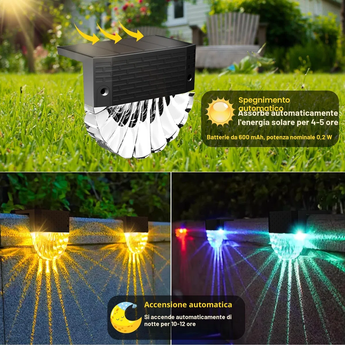 FIFlying Luci Solari da Giardino, 6 Pezzi Luce Solare Led Esterno, IP65 Impermeabile Lampade Solari da Esterno, 3 Modalità, Auto ON/OFF per Gradini Cortili Prato Vialetto, Bianco Caldo/RGB