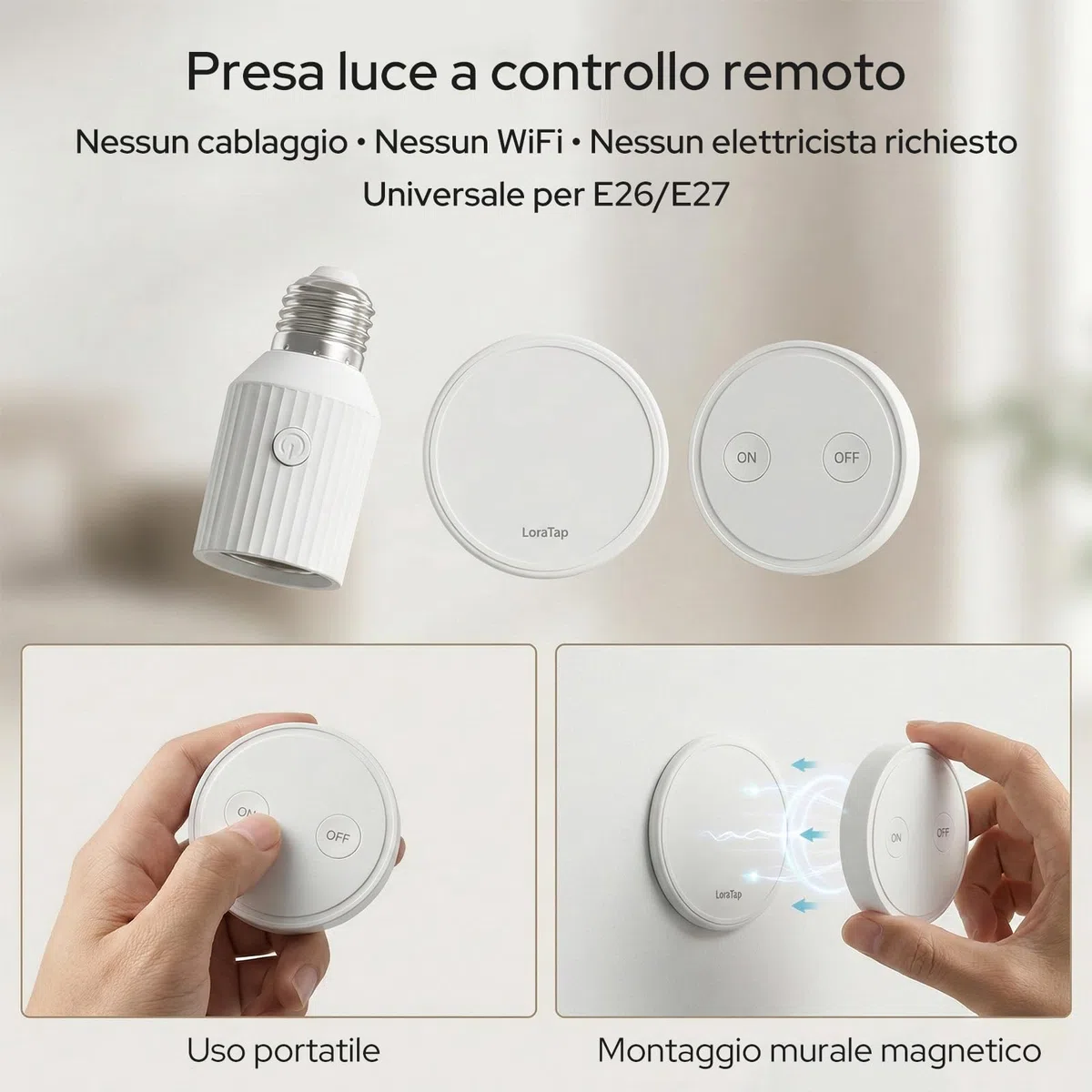 LoraTap Portalampada Wireless con Telecomando,Adattatore Portalampada E26/E27 per Lampade da Soffitto, Armadi e Lampade a Catenella, Base Portalampada a Spina, Interruttore Lampada Telecomando,60W Max