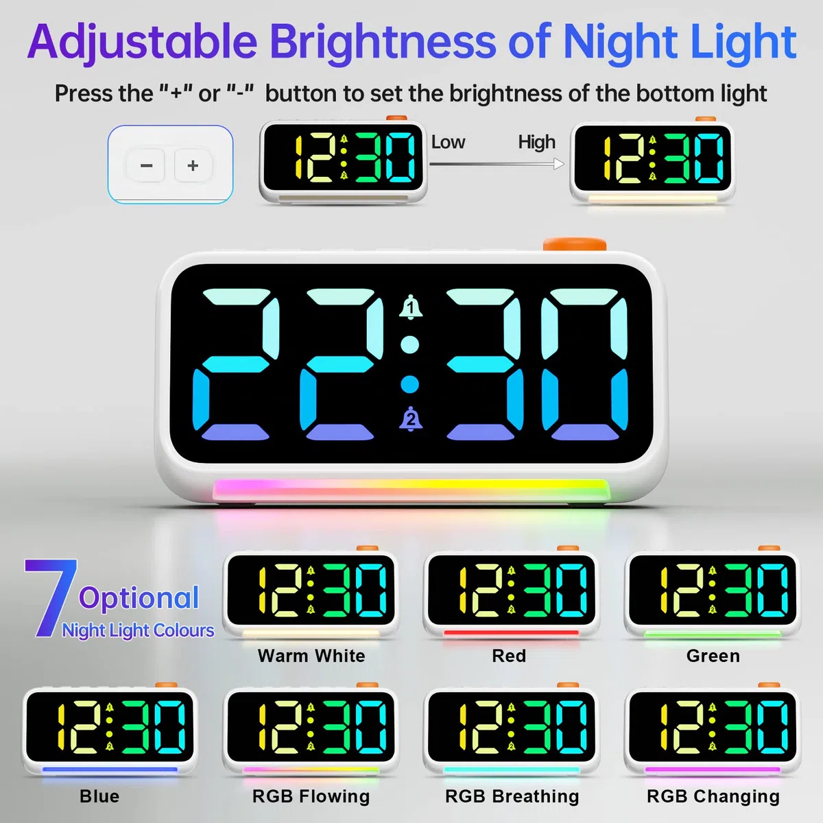 CHEREEKI Sveglia Digitale da Comodino LED con Luce Notturna RGB Dinamica, Luminosità e Volume Regolabili, 2 allarmi, Funzione Snooze, Sveglia Elettrica Adatta a Bambini e Adulti