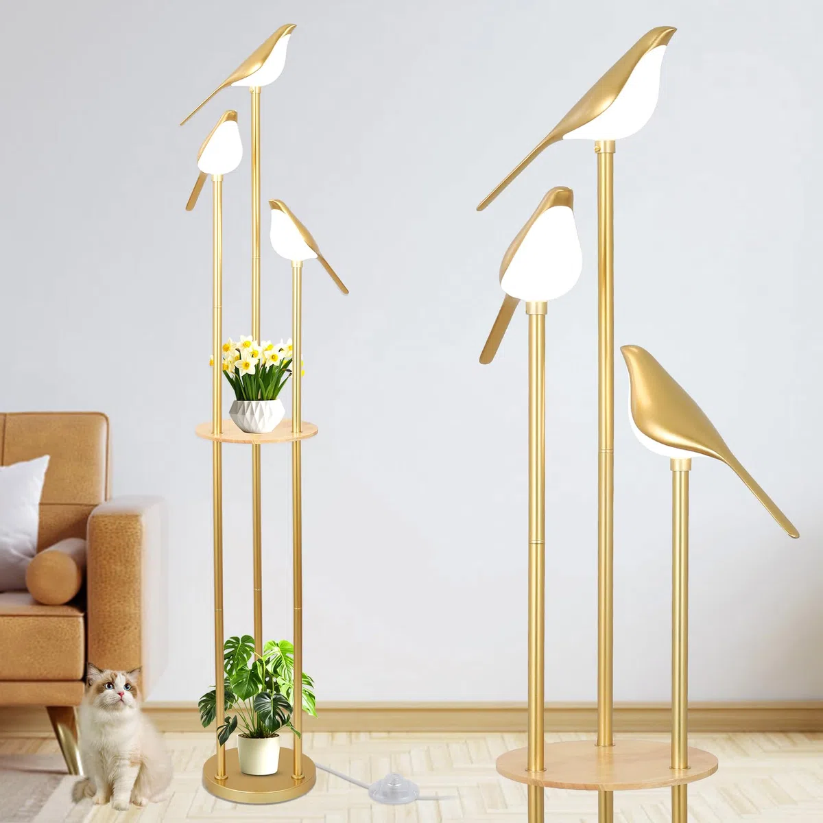 Lampada da terra dorata per soggiorno con ripiani - Lampada da terra moderna di metà secolo con 3 luci LED regolabili a forma di uccello, lampada ad angolo alto con tavolo, supporto