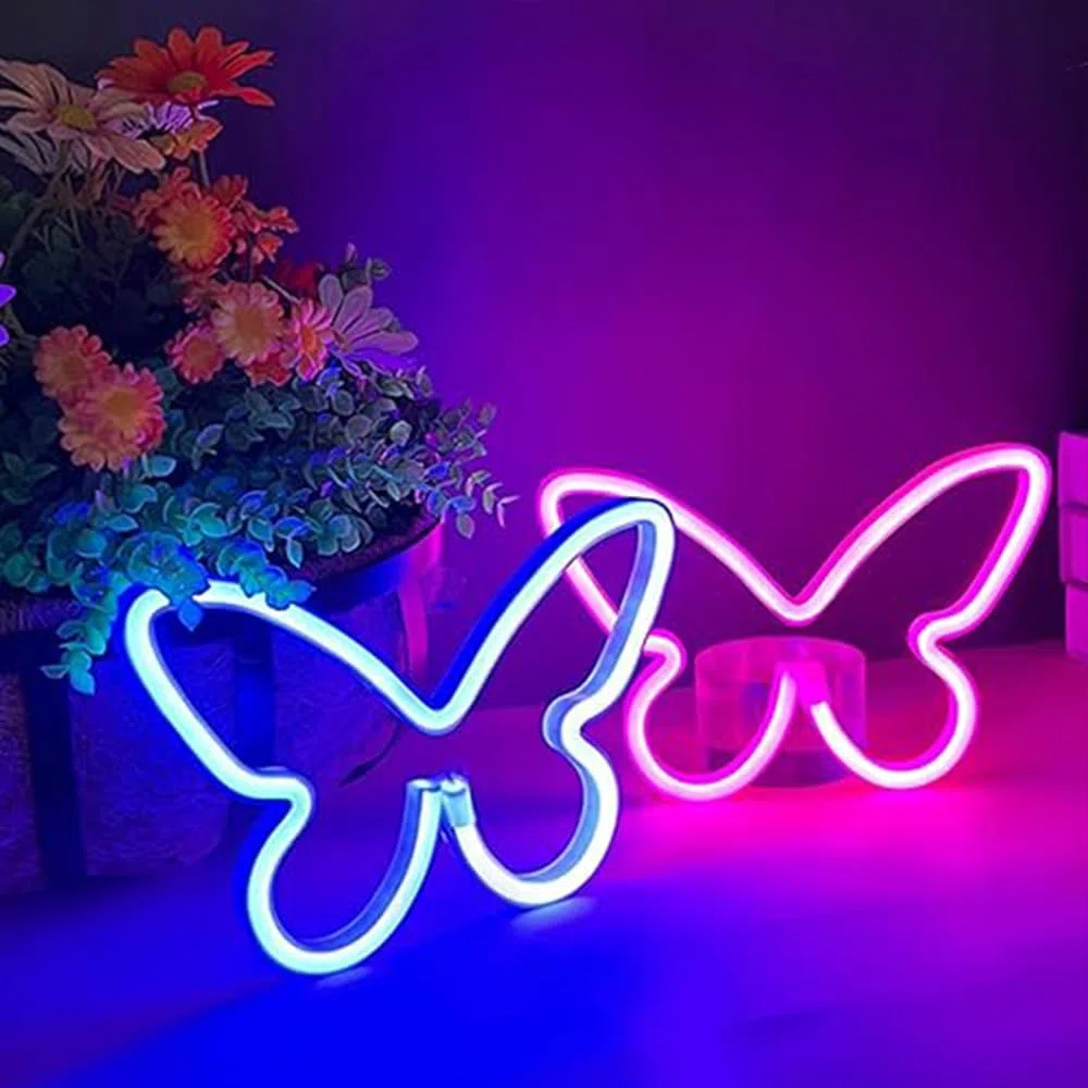 2 pezzi di luce al neon a LED Insegne al neon a farfalla Luci notturne per la casa per la camera da letto dei bambini Lampade decorative Arte della parete Regalo di compleanno di Natale romantico