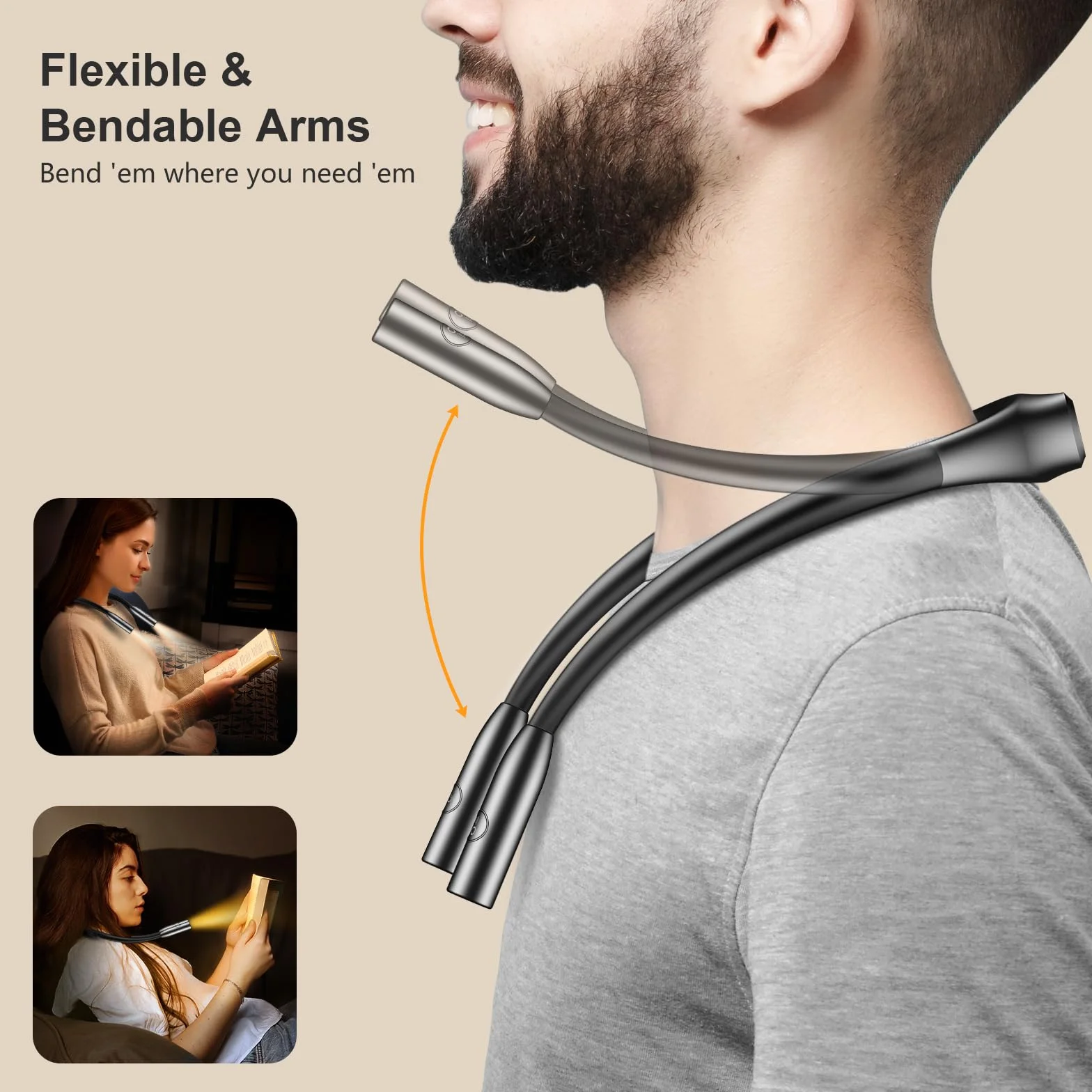 Gritin Luce per Lettura Libri a Letto Collo, LED Luce Lampada da Lettura per Libro Ricaricabile, Dimmerazione Continua & 3 Temperature Colore, Comodo e Leggero per Studio, Lavoro a Maglia
