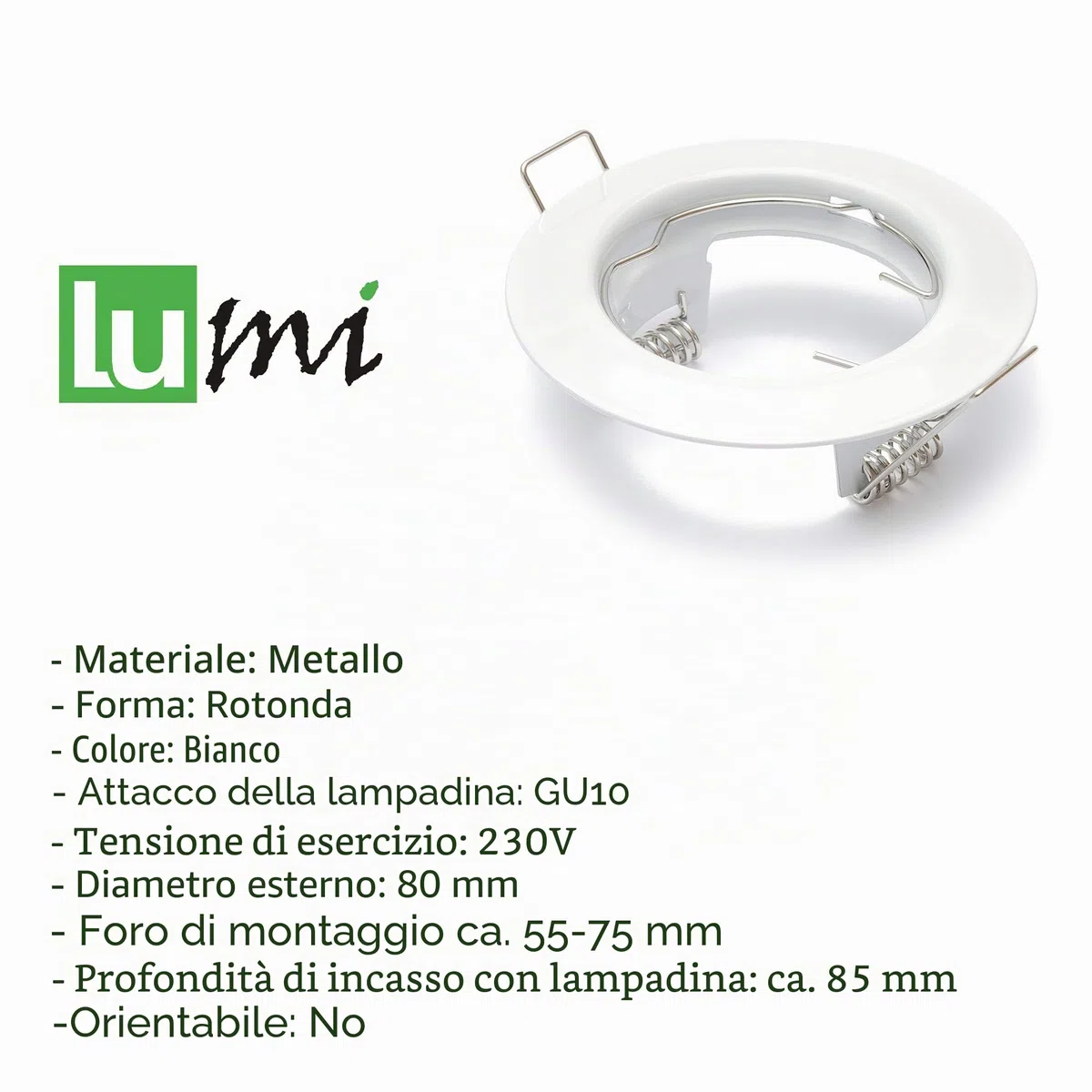 Lumi - Set di 12 cornici da incasso per faretto SD-863, bianche, con portalampada GU10