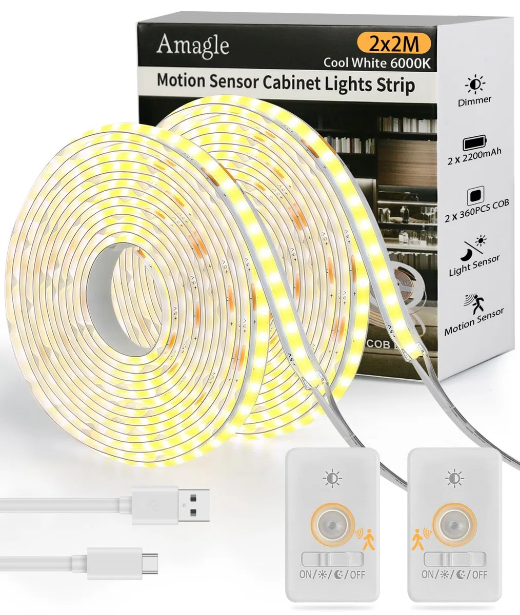 2 Pezzi 2Metri Striscia Luci COB Led Con Sensore di Movimento Sottopensile a Batteria Ricaricabile 2200mAh Senza Filo Dimmerabile Luce Notturna USB Armadio Strisce Led Cucina Specchio da Trucco