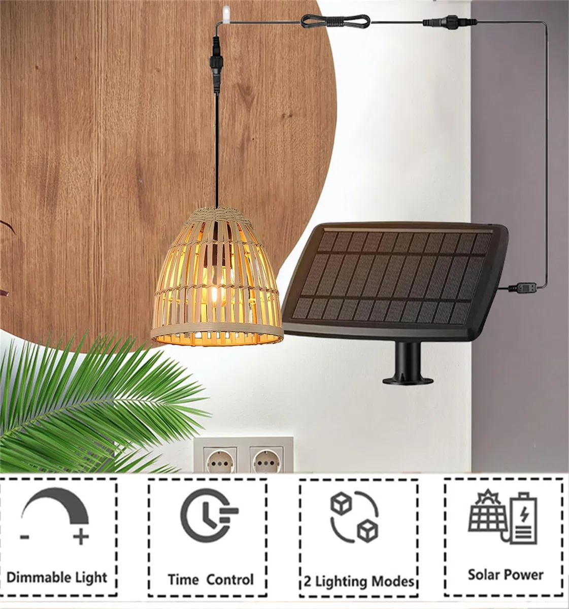 Lampadario Solare Boho Outdoor Rattan 2 Luci LED 300 Lumen Dimmerabile Telecomando